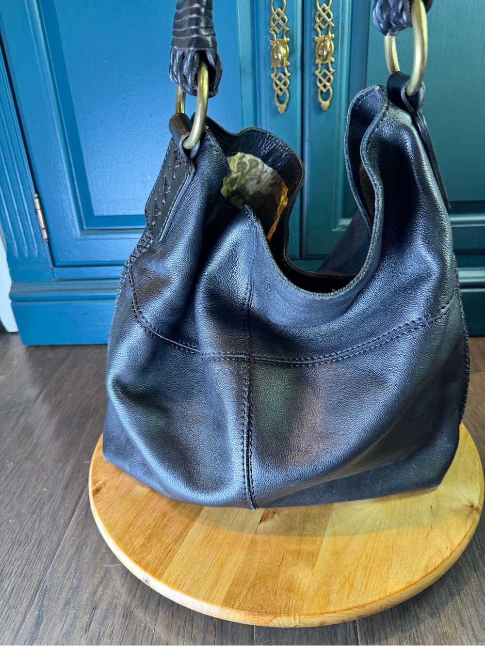 Lucky Brand Vintage Gold Black Braided-Handle Leather Shoulder Bag